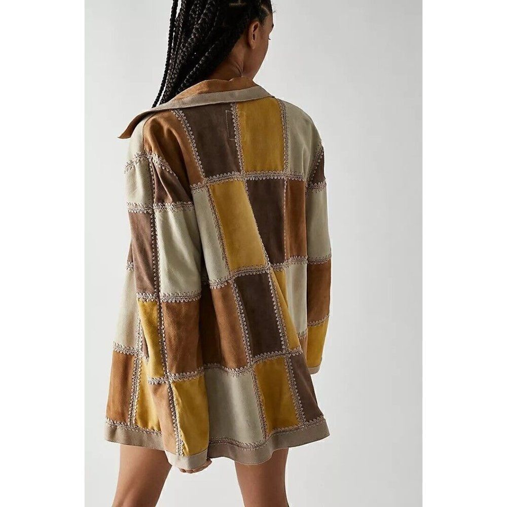 NWT FREE PEOPLE Sz L EDIE CROCHET CHORE LEATHER SUEDE PATCHED SHIRT JACK… - Picture 2 of 9